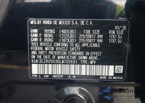 2020 Honda Hr-V 2Wd Lx из США, поврежденный, VIN 3CZRU5H30LM705691